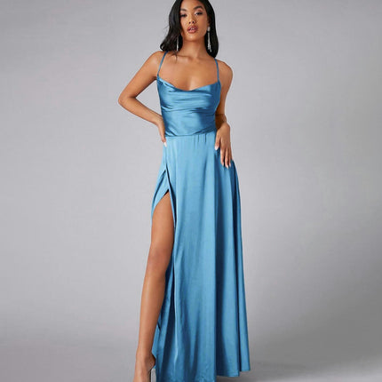 Womens Long Spaghetti Strap Satin Prom Dress Backless Slit Evening Ball Gown