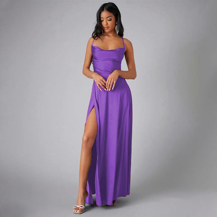 Womens Long Spaghetti Strap Satin Prom Dress Backless Slit Evening Ball Gown