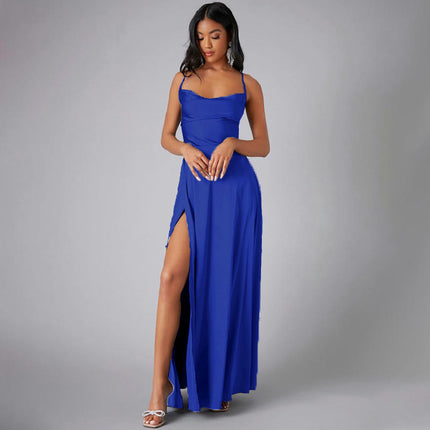 Womens Long Spaghetti Strap Satin Prom Dress Backless Slit Evening Ball Gown