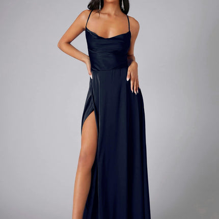 Womens Long Spaghetti Strap Satin Prom Dress Backless Slit Evening Ball Gown