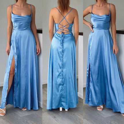 Womens Long Spaghetti Strap Satin Prom Dress Backless Slit Evening Ball Gown