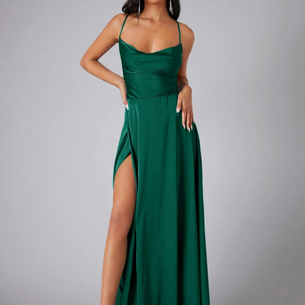 Womens Long Spaghetti Strap Satin Prom Dress Backless Slit Evening Ball Gown