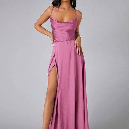 Womens Long Spaghetti Strap Satin Prom Dress Backless Slit Evening Ball Gown