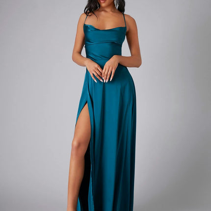 Womens Long Spaghetti Strap Satin Prom Dress Backless Slit Evening Ball Gown