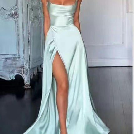 Womens Long Spaghetti Strap Satin Prom Dress Backless Slit Evening Ball Gown