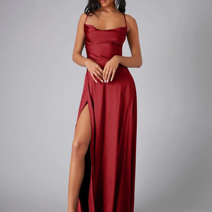 Womens Long Spaghetti Strap Satin Prom Dress Backless Slit Evening Ball Gown