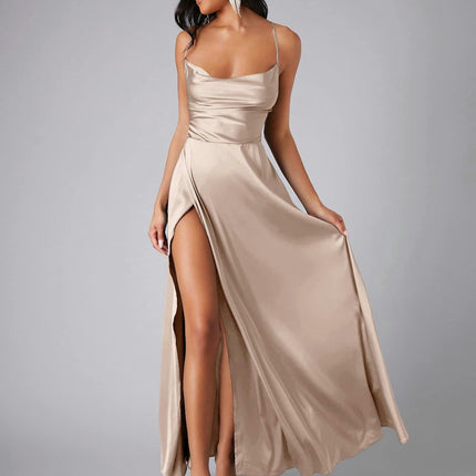 Womens Long Spaghetti Strap Satin Prom Dress Backless Slit Evening Ball Gown