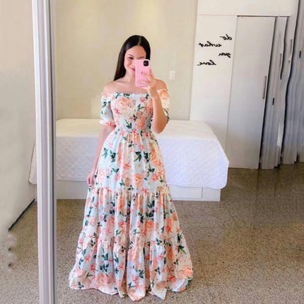 Women's Boho Floral Maxi Dress Puff Short Sleeve Off The Shoulder A Line Smocked Long Dresses