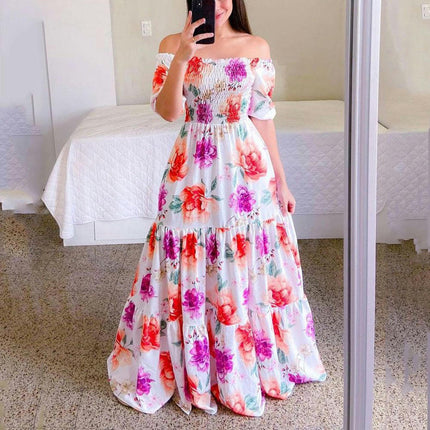 Women's Boho Floral Maxi Dress Puff Short Sleeve Off The Shoulder A Line Smocked Long Dresses