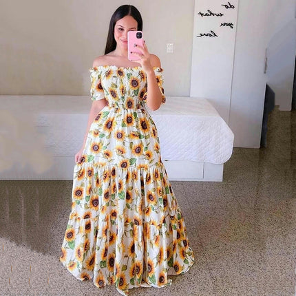 Women's Boho Floral Maxi Dress Puff Short Sleeve Off The Shoulder A Line Smocked Long Dresses