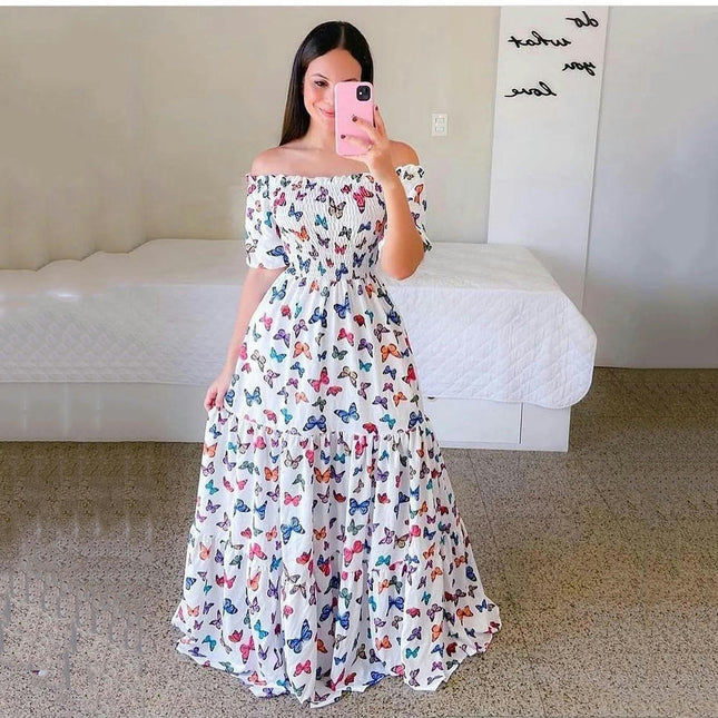 Women's Boho Floral Maxi Dress Puff Short Sleeve Off The Shoulder A Line Smocked Long Dresses