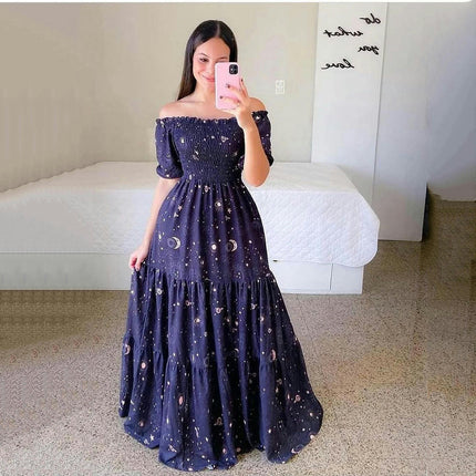 Women's Boho Floral Maxi Dress Puff Short Sleeve Off The Shoulder A Line Smocked Long Dresses