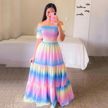 Women's Boho Floral Maxi Dress Puff Short Sleeve Off The Shoulder A Line Smocked Long Dresses