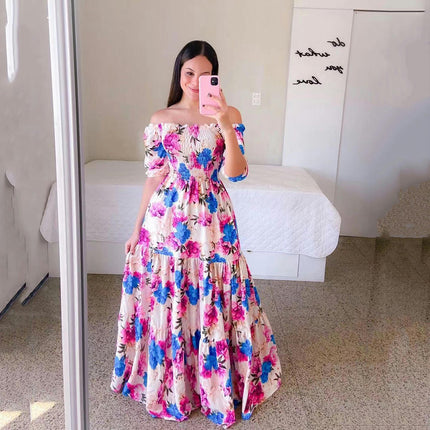 Women's Boho Floral Maxi Dress Puff Short Sleeve Off The Shoulder A Line Smocked Long Dresses