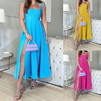 Womens Summer Dress Strap Sleeveless Square Neck A Line Split Midi Dresses