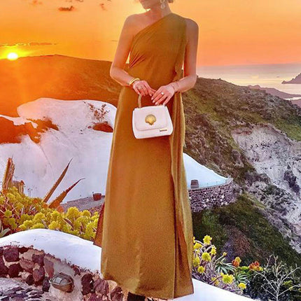 Women's Summer Maxi Dresses One Shoulder Split Loose Long Gown Dress