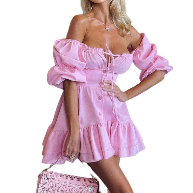 Women's Off The Shoulder Babydoll Dress Short Puff Sleeve Casual A Line Ruffle Summer Dresses