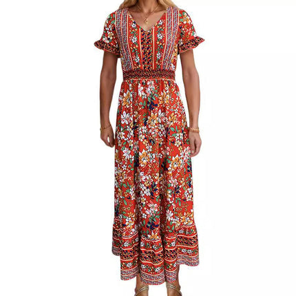 Women's Floral Boho Dress Casual Short Sleeve V Neck Ruffle Summer Swing Midi Dresses