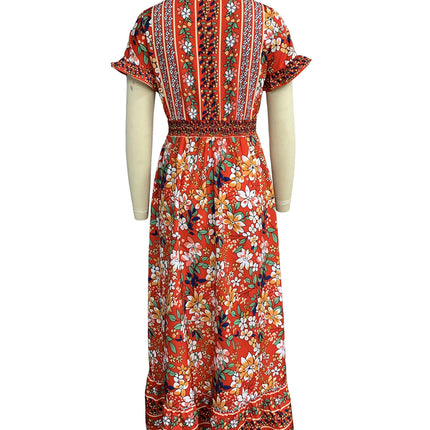 Women's Floral Boho Dress Casual Short Sleeve V Neck Ruffle Summer Swing Midi Dresses