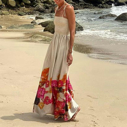 Women's Boho Long Dress Summer Spaghetti Strap Sleeveless Smocked Flowy Beach Maxi Dress