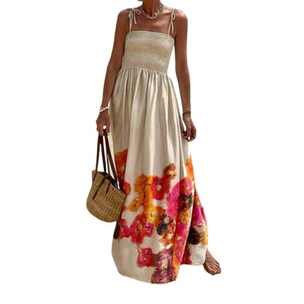 Women's Boho Long Dress Summer Spaghetti Strap Sleeveless Smocked Flowy Beach Maxi Dress