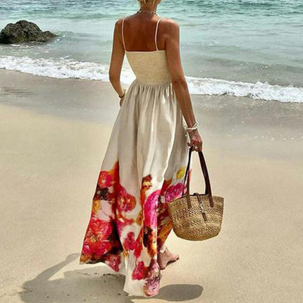 Women's Boho Long Dress Summer Spaghetti Strap Sleeveless Smocked Flowy Beach Maxi Dress