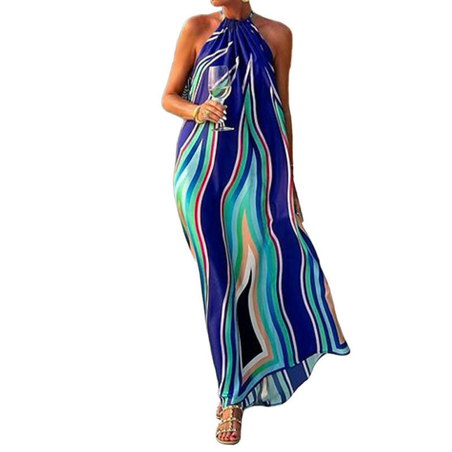 Women's Summer Dress Halter Neck Sleeveless Print Loose Maxi Dresses