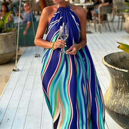 Women's Summer Dress Halter Neck Sleeveless Print Loose Maxi Dresses