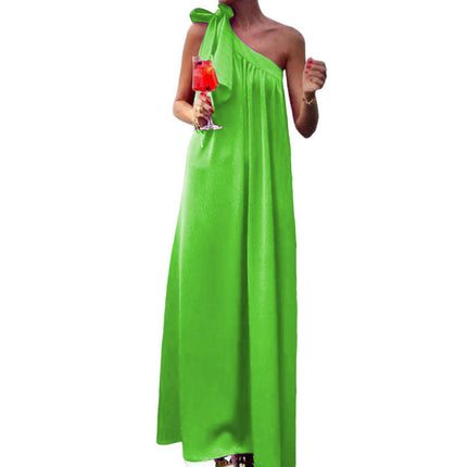 Women's Bohemian Summer Bow One Shoulder Sleeveless Beach Loose Maxi Dress