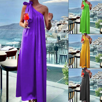 Women's Bohemian Summer Bow One Shoulder Sleeveless Beach Loose Maxi Dress