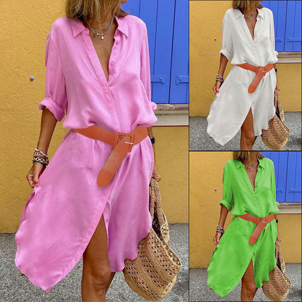 Women's Long Sleeve Button Down Shirt Dress Casual Loose Midi Dresses with Belt