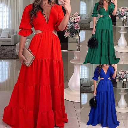 Women Summer Maxi Dresses Short Sleeves V Neck Cut Out Long Dresses