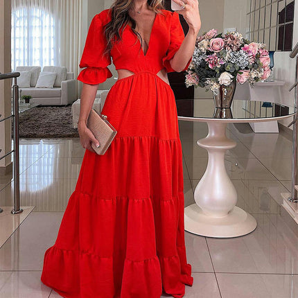 Women Summer Maxi Dresses Short Sleeves V Neck Cut Out Long Dresses