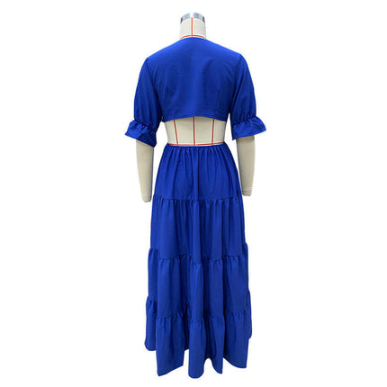 Women Summer Maxi Dresses Short Sleeves V Neck Cut Out Long Dresses