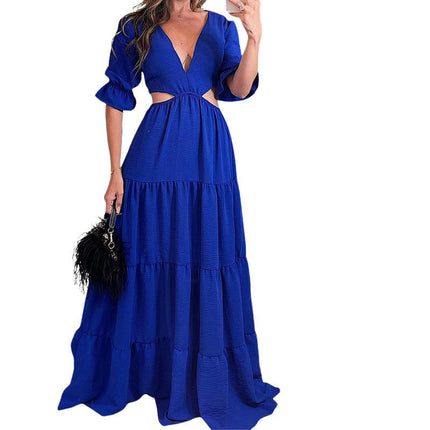 Women Summer Maxi Dresses Short Sleeves V Neck Cut Out Long Dresses