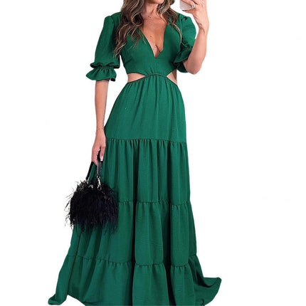 Women Summer Maxi Dresses Short Sleeves V Neck Cut Out Long Dresses