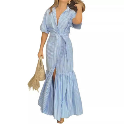 Womens Maxi Dresses Short Sleeve Dress Casual V Neck Button Down Tie Waist Ruffled Shirt Dress