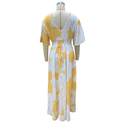 Women's Summer Floral V-Neck Dresses Short Flutter Sleeves Maxi Dress