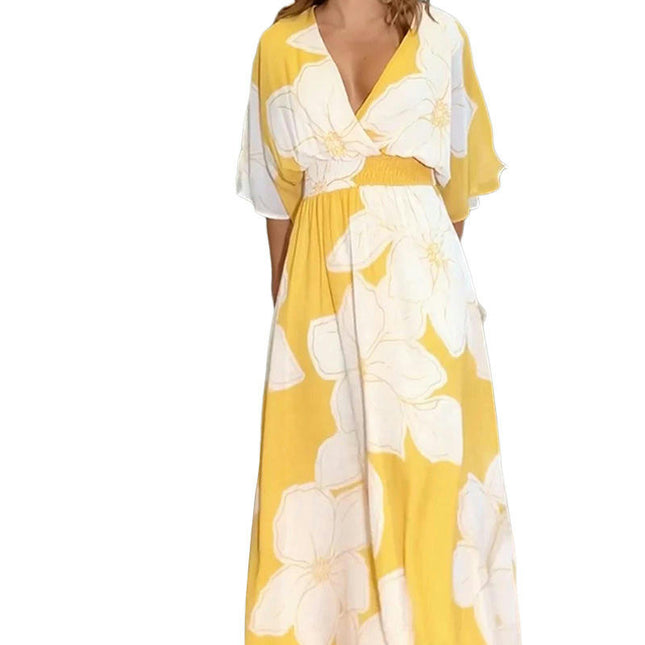 Women's Summer Floral V-Neck Dresses Short Flutter Sleeves Maxi Dress