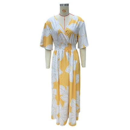 Women's Summer Floral V-Neck Dresses Short Flutter Sleeves Maxi Dress