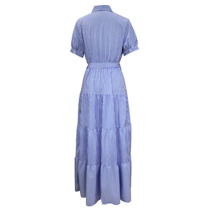 Womens Stripes Puff Short Sleeve Midi Dress V Neck Button Down Ruffled Shirt Dress with Belt