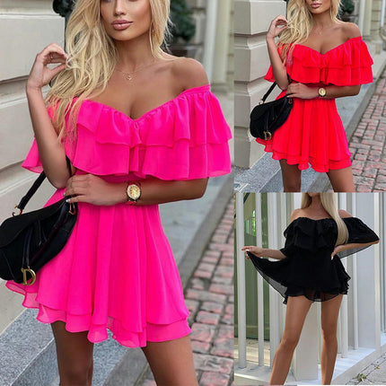 Women's Ruffled Off The Shoulder Mini Dress Summer Sleeveless Layered Chiffon Dresses