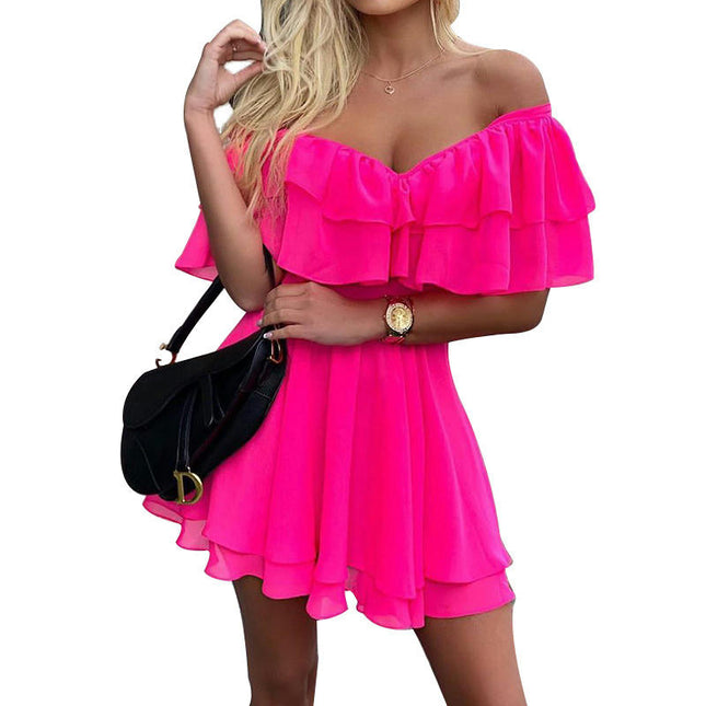 Women's Ruffled Off The Shoulder Mini Dress Summer Sleeveless Layered Chiffon Dresses