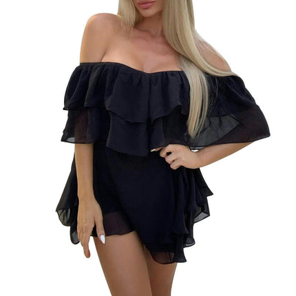 Women's Ruffled Off The Shoulder Mini Dress Summer Sleeveless Layered Chiffon Dresses