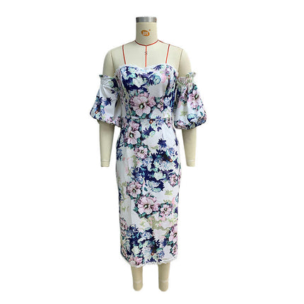 Women's Sexy Floral Off Shoulder Bodycon Puff Short Sleeve Midi Party Dress