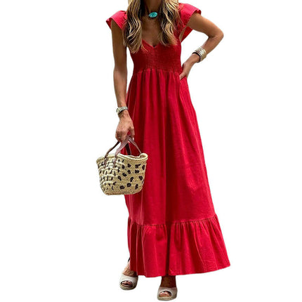 Women's Summer Cap Sleeve V Neck Smocked Ruffle A Line Summer Maxi Dress