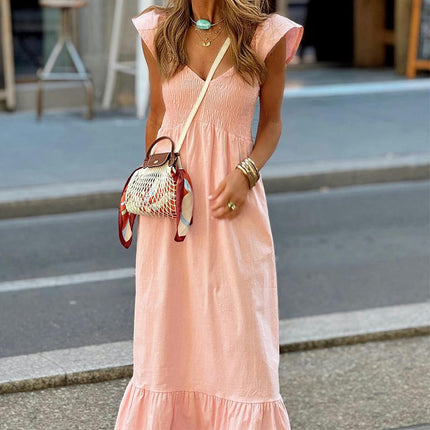 Women's Summer Cap Sleeve V Neck Smocked Ruffle A Line Summer Maxi Dress