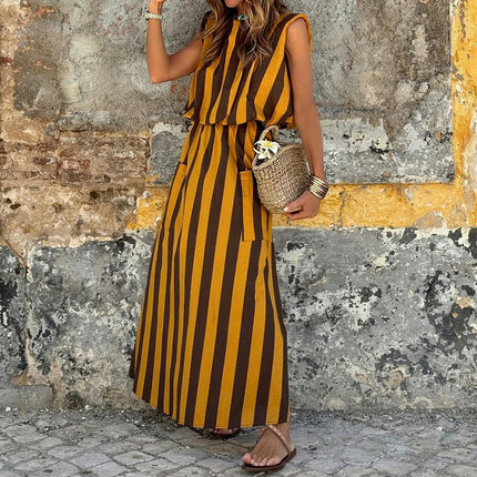 Women Summer Stripes Crew Neck Sleeveless Casual Loose Long Maxi Dress with Pockets