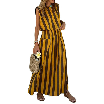 Women Summer Stripes Crew Neck Sleeveless Casual Loose Long Maxi Dress with Pockets