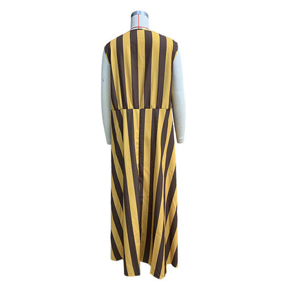 Women Summer Stripes Crew Neck Sleeveless Casual Loose Long Maxi Dress with Pockets